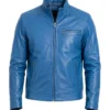 Mens Blue Leather Stand Quilted Jacket
