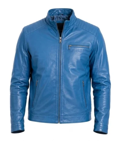 Mens Blue Leather Stand Quilted Jacket