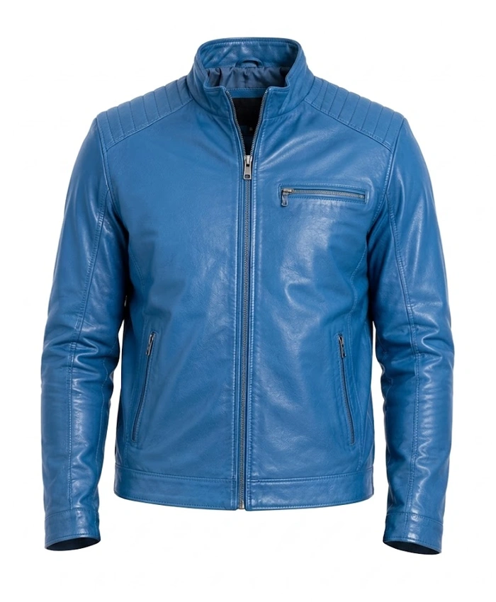 Mens Blue Leather Stand Quilted Jacket