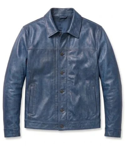 Mens Blue Washed Leather Jacket
