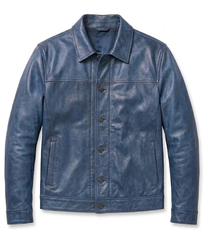 Mens Blue Washed Leather Jacket