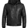 Mens Bomber Hooded Black Leather Jacket