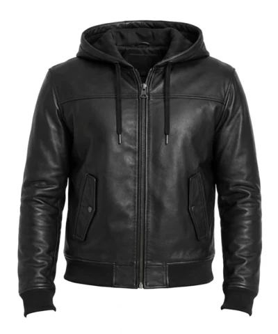 Mens Bomber Hooded Black Leather Jacket