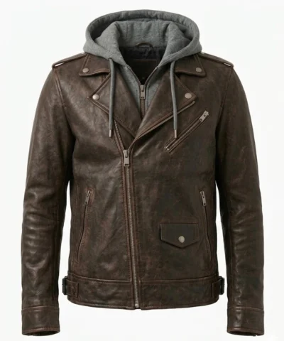 Mens Bramlock Biker Leather Jacket with Detachable Hoodie
