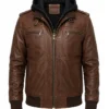 Mens Brown Bomber Leather Jacket with Removable Hood