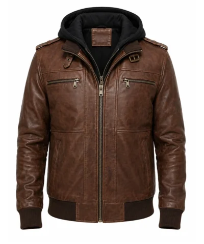 Mens Brown Bomber Leather Jacket with Removable Hood