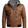 Mens Brown Leather Jacket with Detachable Hood