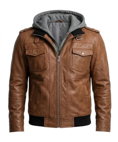 Mens Brown Leather Jacket with Detachable Hood