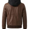 Mens Brown Leather Jacket with Removable Hood