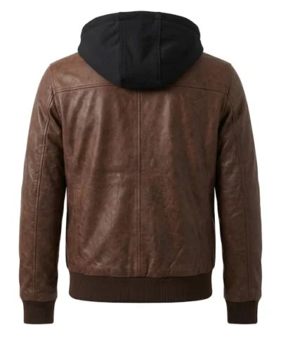 Mens Brown Leather Jacket with Removable Hood