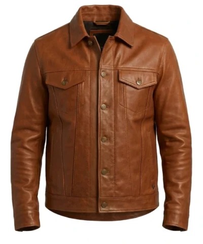Mens Brown Leather Trucker Jacket For Sale 