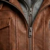 Mens Brown Leather with Detachable Hood Jacket
