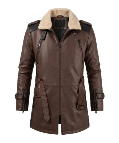 Mens Brown Real Cowhide Shearling Aviator Leather Jacket
