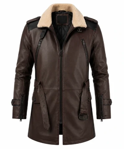 Mens Brown Real Cowhide Shearling Aviator Leather Jacket Front View