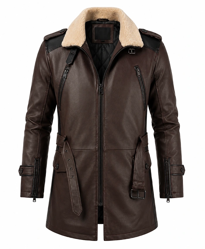 Mens Brown Real Cowhide Shearling Aviator Leather Jacket Front View