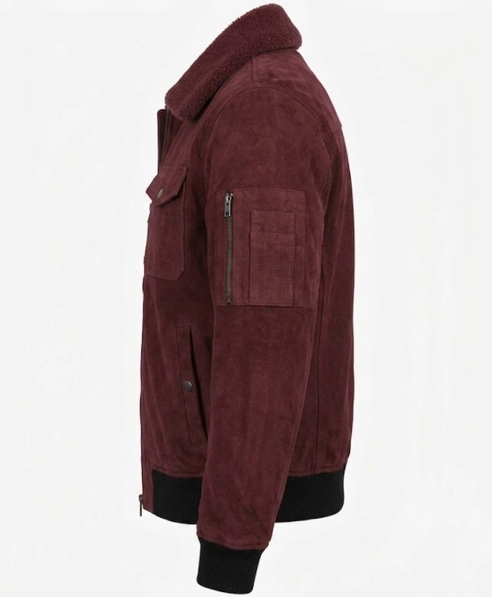 Men’s Burgundy Suede Flight Shearling Jacket For Sale