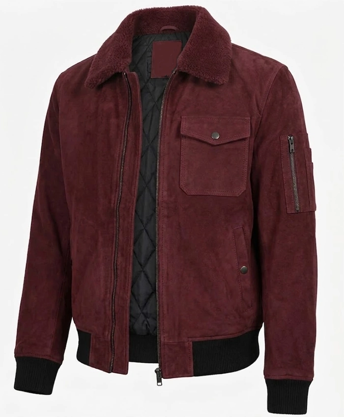 Mens Burgundy Suede Leather Flight Jacket