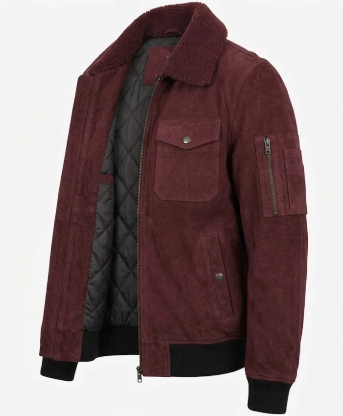 Men’s Burgundy Suede Leather Flight Shearling Jacket