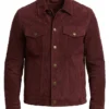 Mens Burgundy Trucker Suede Leather Jacket
