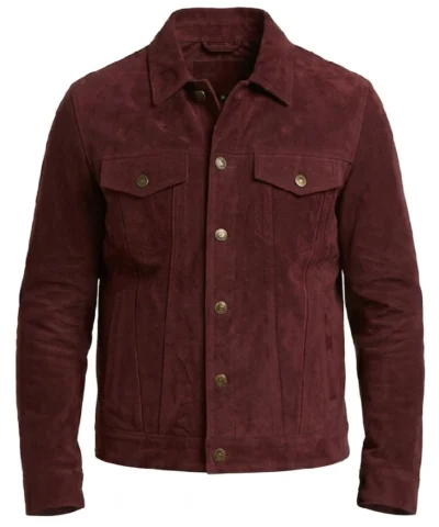 Mens Burgundy Trucker Suede Leather Jacket