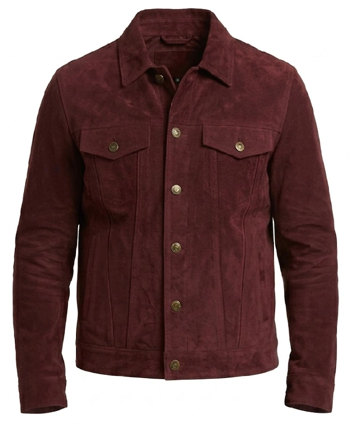 Mens Burgundy Trucker Suede Leather Jacket