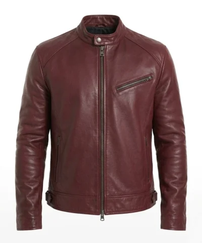 Mens Cafe Racer Genuine Leather Burgundy Jacket