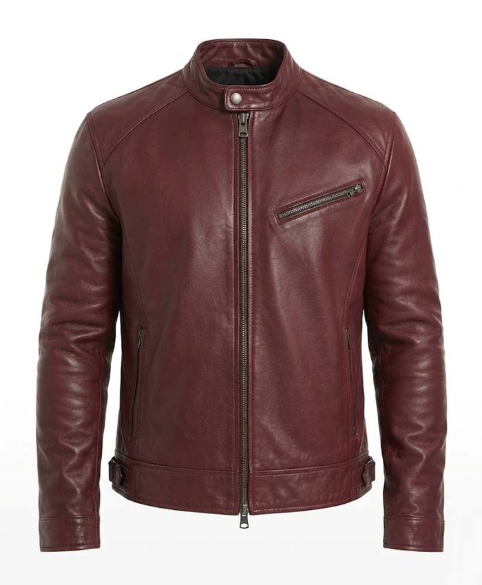 Mens Cafe Racer Genuine Leather Burgundy Jacket