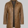 Mens Camel Brown Trench Length Leather Car Coat