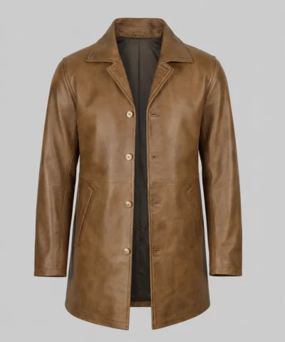Mens Camel Brown Trench Length Leather Car Coat