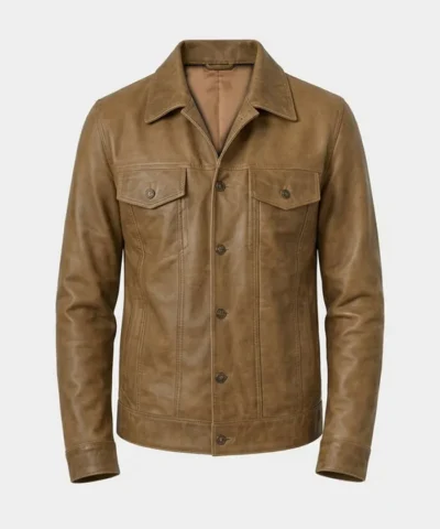 Mens Camel Wax Leather Trucker Jacket