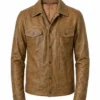 Mens Camel Wax Leather Trucker Jacket Front View