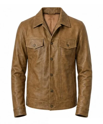 Mens Camel Wax Leather Trucker Jacket Front View