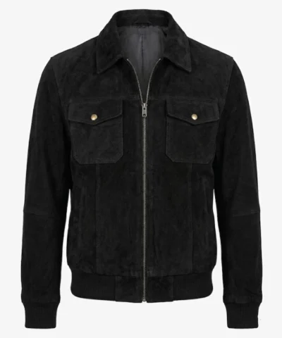 Mens Classic Shirt Collar Black Suede Leather Jacket