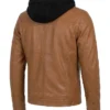 Mens Cognac Leather Jacket with Removable Hood