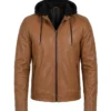 Mens Cognac Wax Leather Jacket with Removable Hood