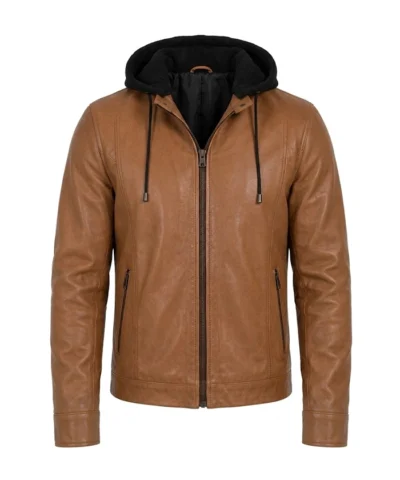 Mens Cognac Wax Leather Jacket with Removable Hood