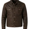 Mens Dark Brown Distressed Trucker Leather Jacket