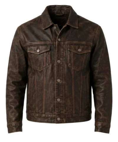 Mens Dark Brown Distressed Trucker Leather Jacket
