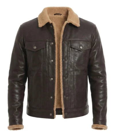Mens Dark Brown Shearling Trim Real Leather Trucker Jacket
