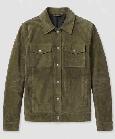 Mens Dark Green Suede Leather Jacket For Sale