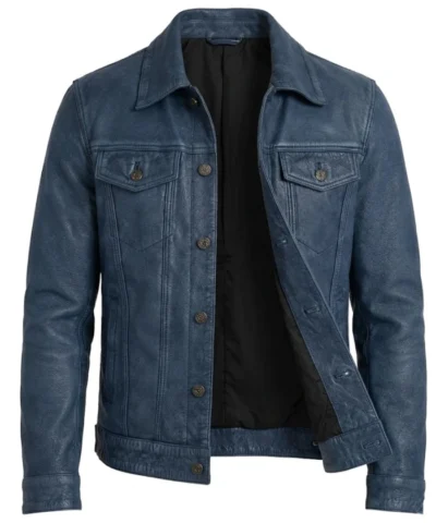 Mens Denim Style Trucker Blue Washed Leather Jacket