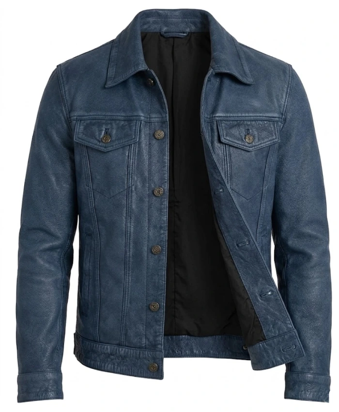 Mens Denim Style Trucker Blue Washed Leather Jacket
