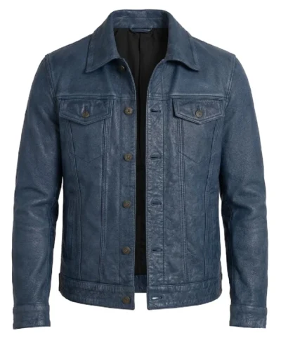 Mens Denim Trucker Blue Washed Leather Jacket