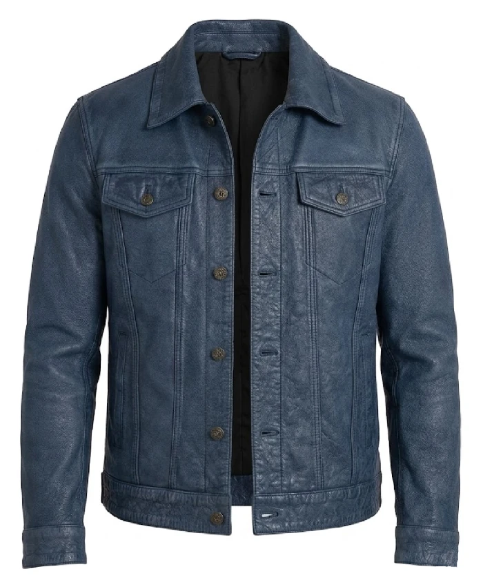 Mens Denim Trucker Blue Washed Leather Jacket