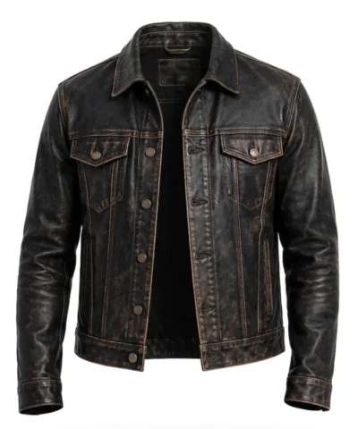 Mens Distressed Black Washed Leather Jacket