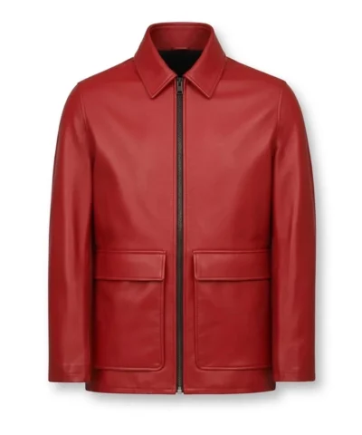 Mens Flap Pockets Red Leather Jacket