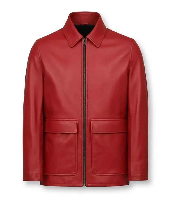 Mens Flap Pockets Red Leather Jacket