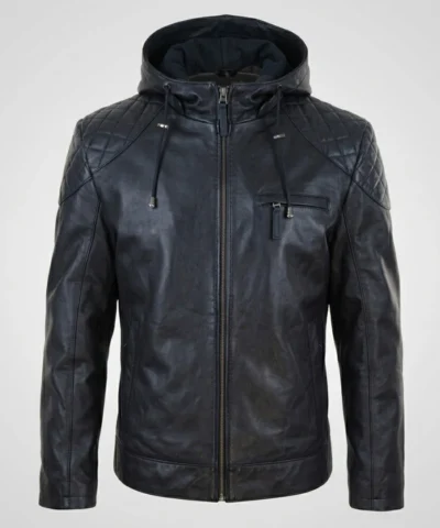 Mens Genuine Leather Hood Jacket