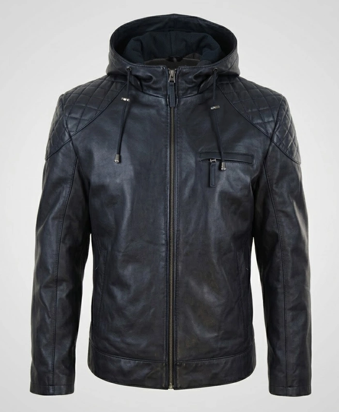 Mens Genuine Leather Hood Jacket