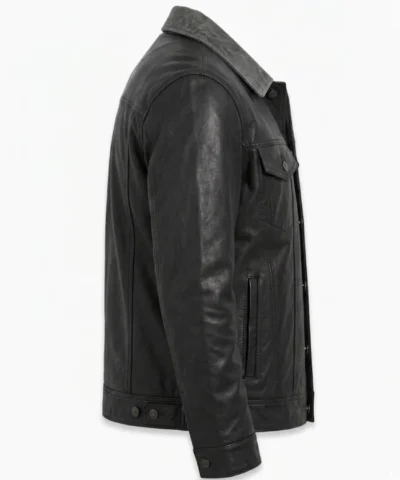 Mens Grey Collar Black Waxed Leather Jacket